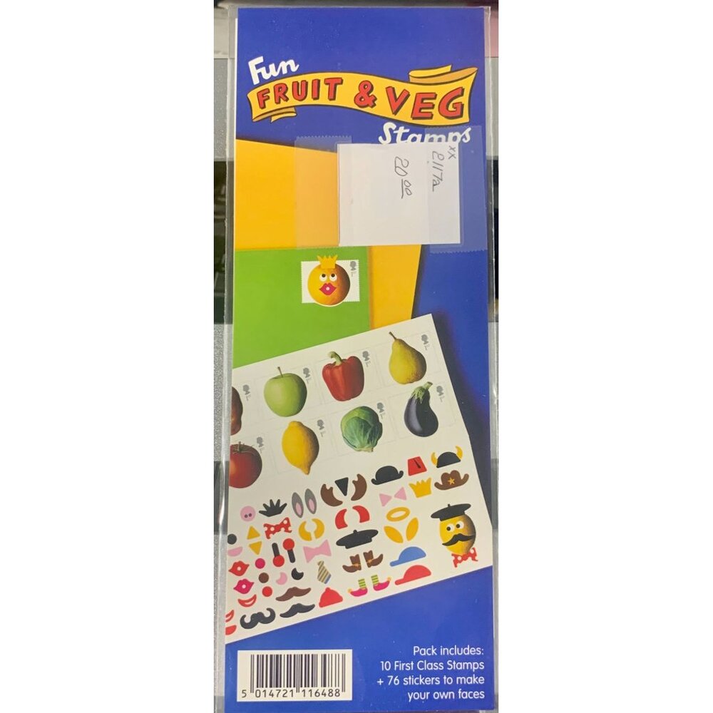 Fun Fruit & Veg Stamps Set With 10 First Class Royal Mail Stamps & 76 Face Stick